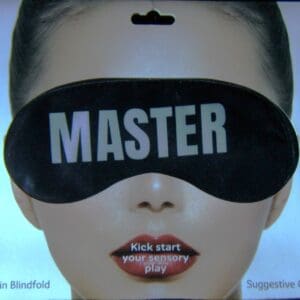 A woman with a blindfold and the word " master " written on her eye.