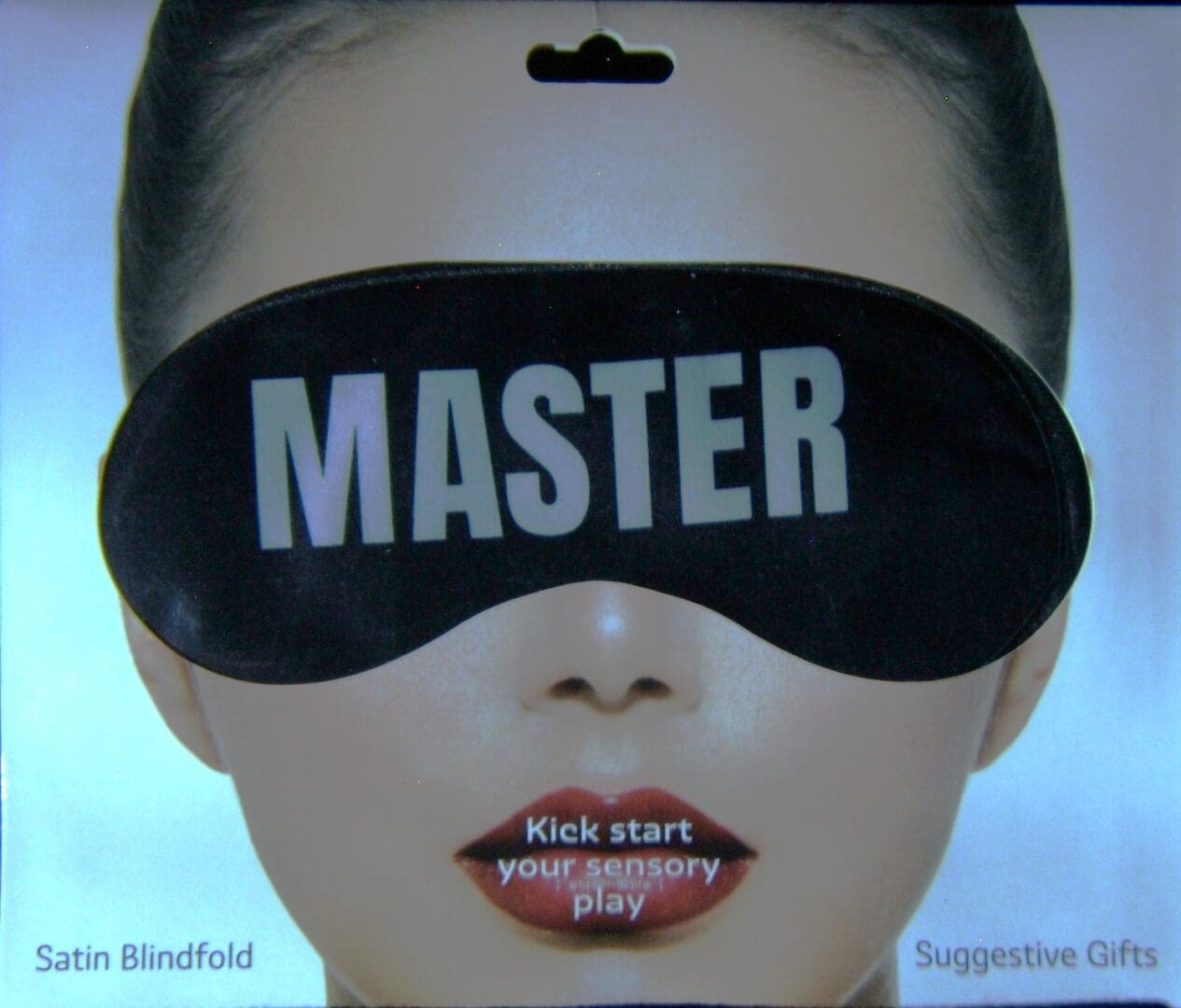 A woman with a blindfold and the word " master " written on her eye.