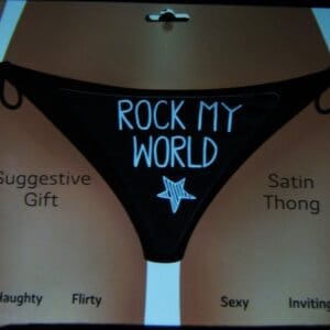 A black bikini with the words rock my world written on it.