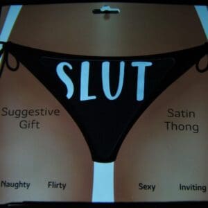 A picture of the word slut on a tv screen.